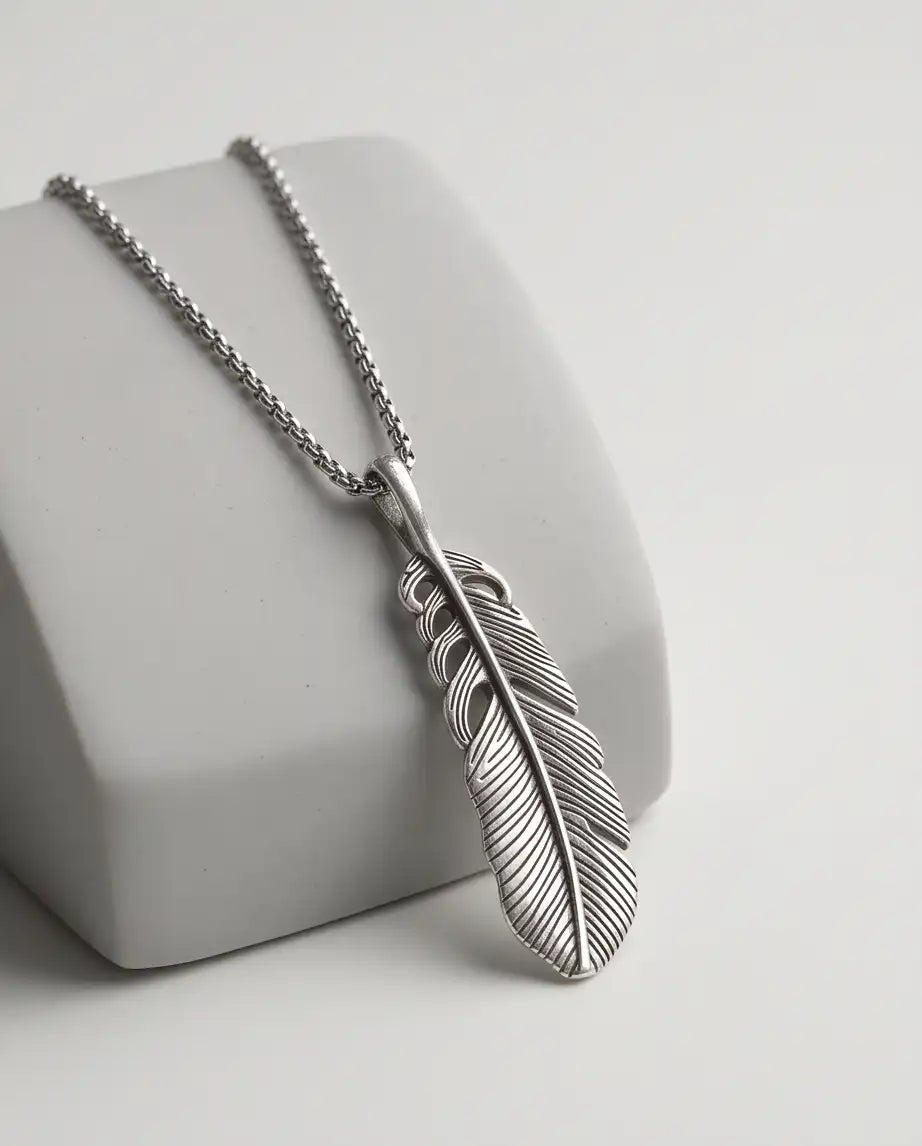 Antiqued Feather Blade Pendant Box Chain