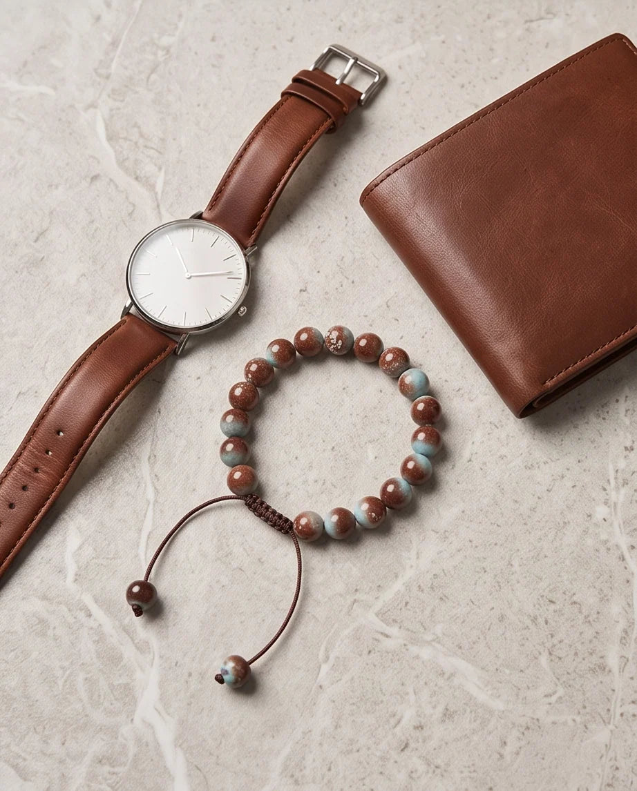 Earthy Rust & Teal Two-Tone Stone Beaded Adjustable Macrame Bracelet