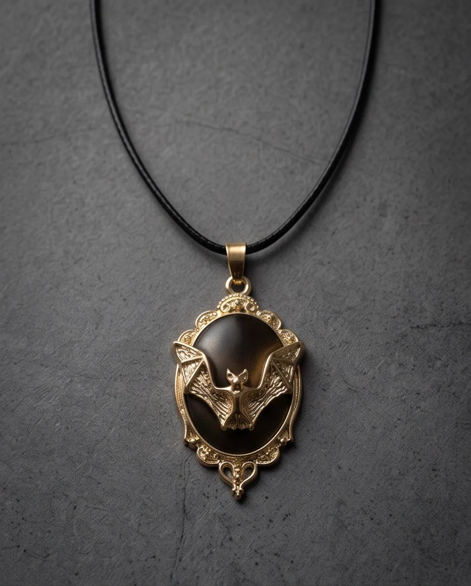 Gold Gothic Bat Black Enamel Medallion Chain Necklace