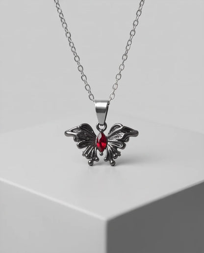 Black Gothic Butterfly Red Gem Pendant Necklace