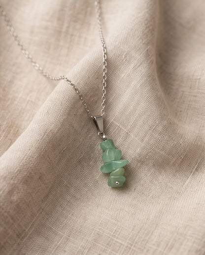 Silver Stacked Raw Green Aventurine Chip Stone Pendant Necklace