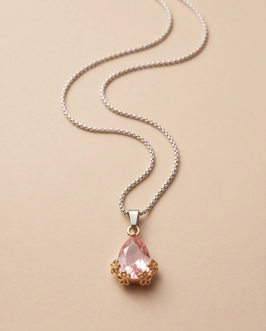 Gold Pink Teardrop Floral Basket Pendant Necklace