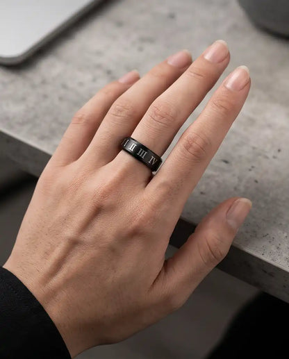Black Roman Numeral Engraved Band Ring