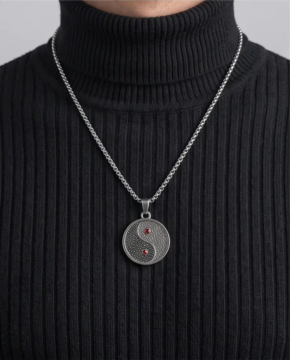 Red Gemstone Stippled Yin Yang Medallion Silver Box Chain Necklace