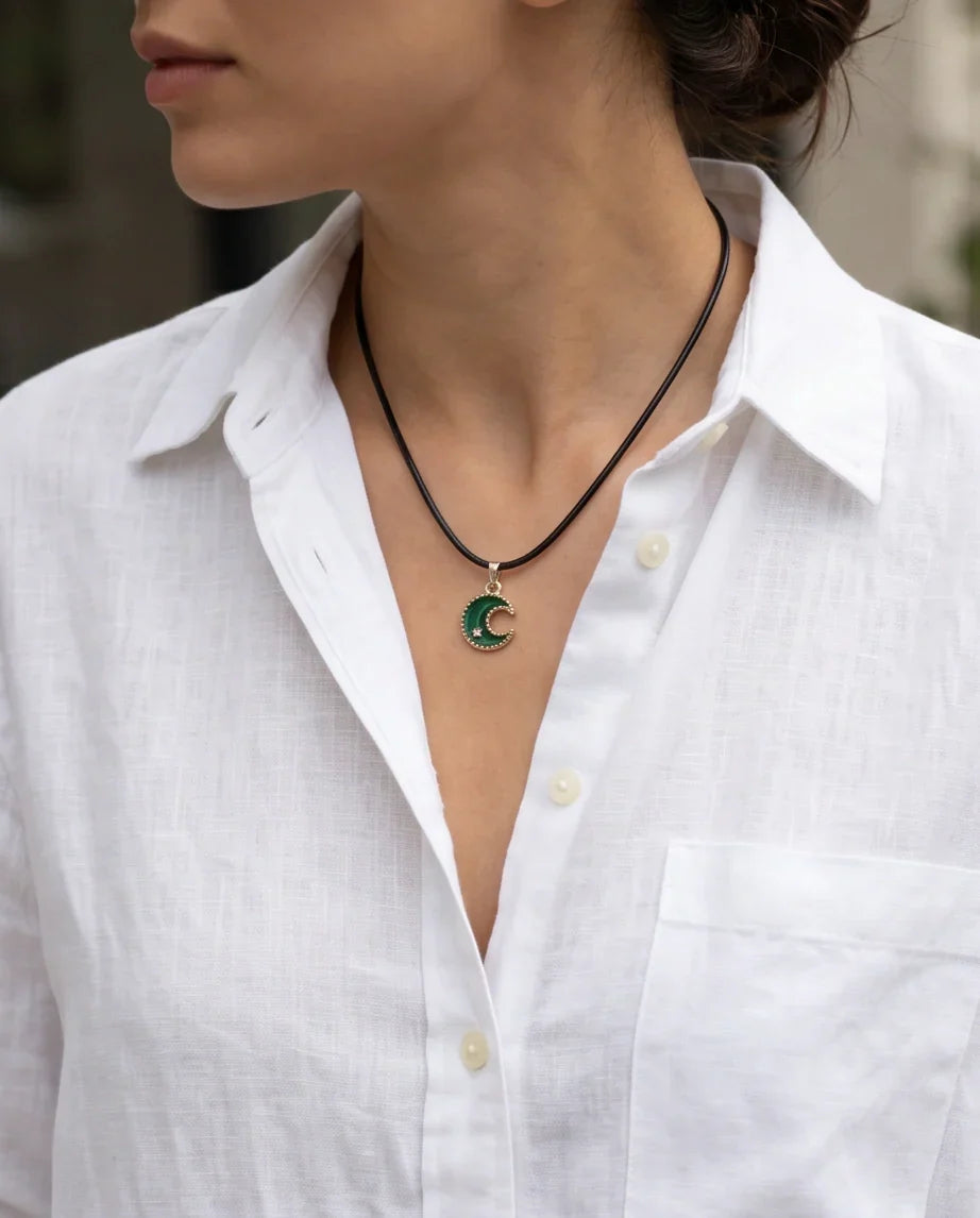 Gold and Green Crescent Moon and Star Necklace