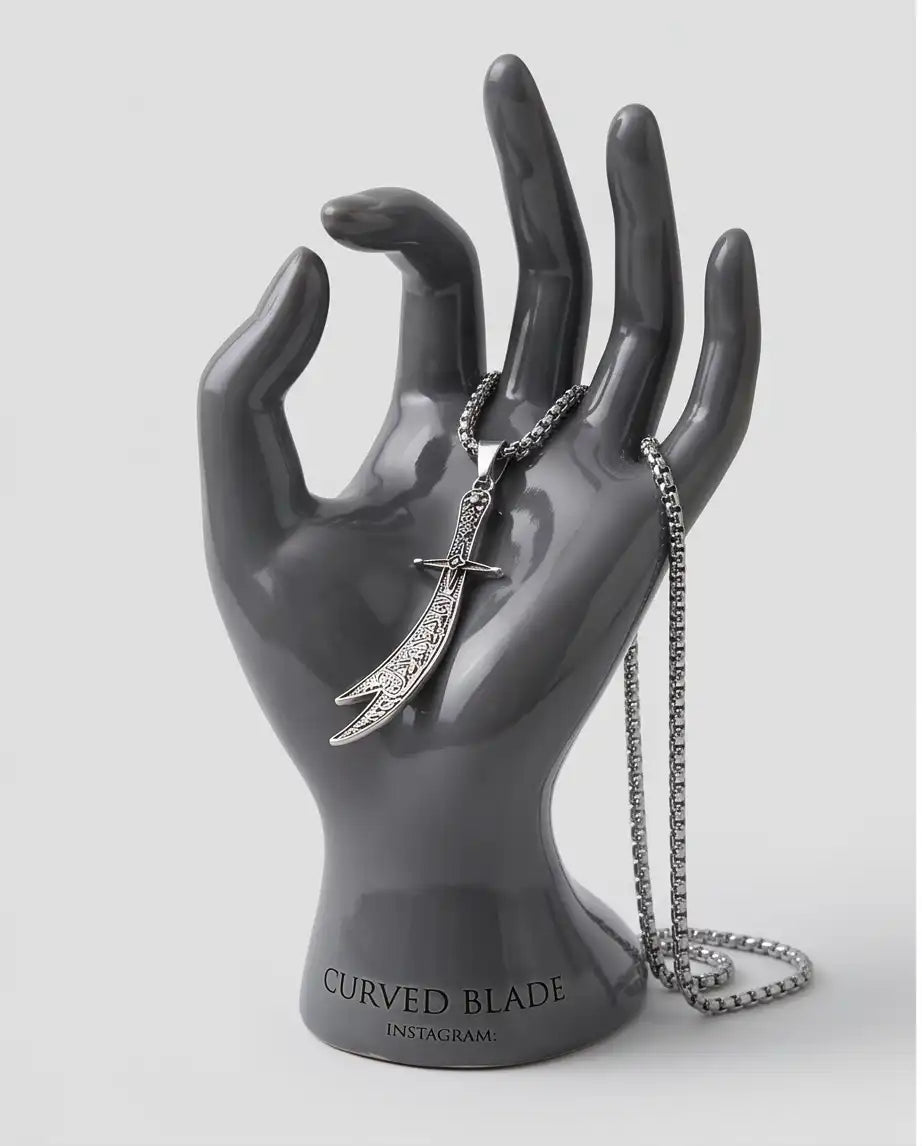 Antiqued Zulfiqar Sword Pendant Silver Box Chain Necklace