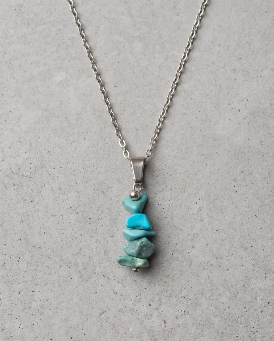 Silver Stacked Raw Turquoise Chip Stone Pendant Necklace
