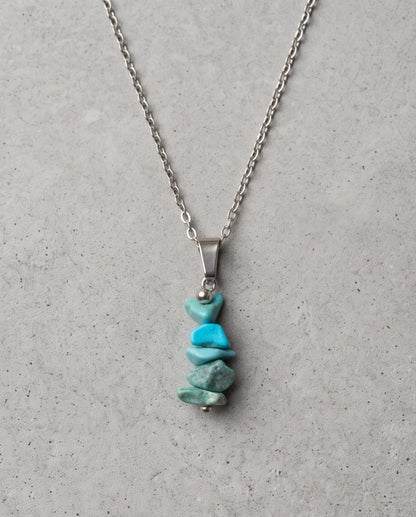 Silver Stacked Raw Turquoise Chip Stone Pendant Necklace