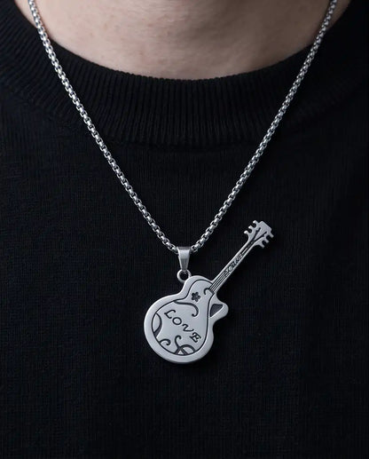 Engraved "Love" Acoustic Guitar Pendant Silver Box Chain Necklace