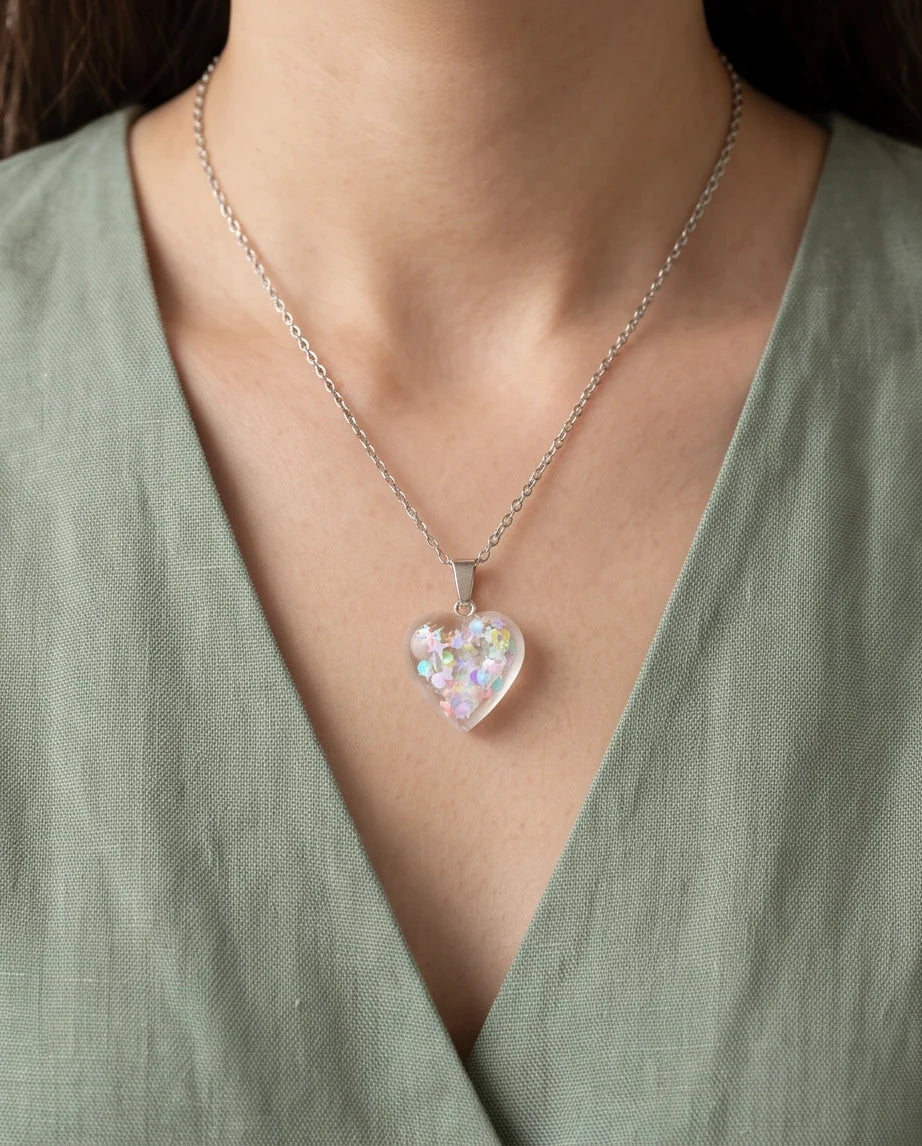 Silver Iridescent Confetti Clear Heart Resin Pendant Necklace