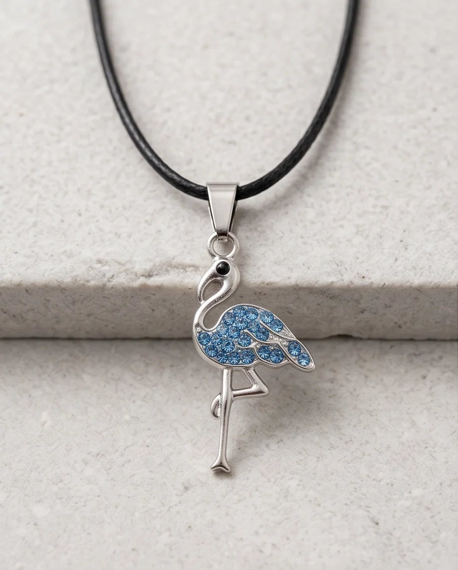 Silver Blue Crystal Paved Flamingo Pendant Necklace