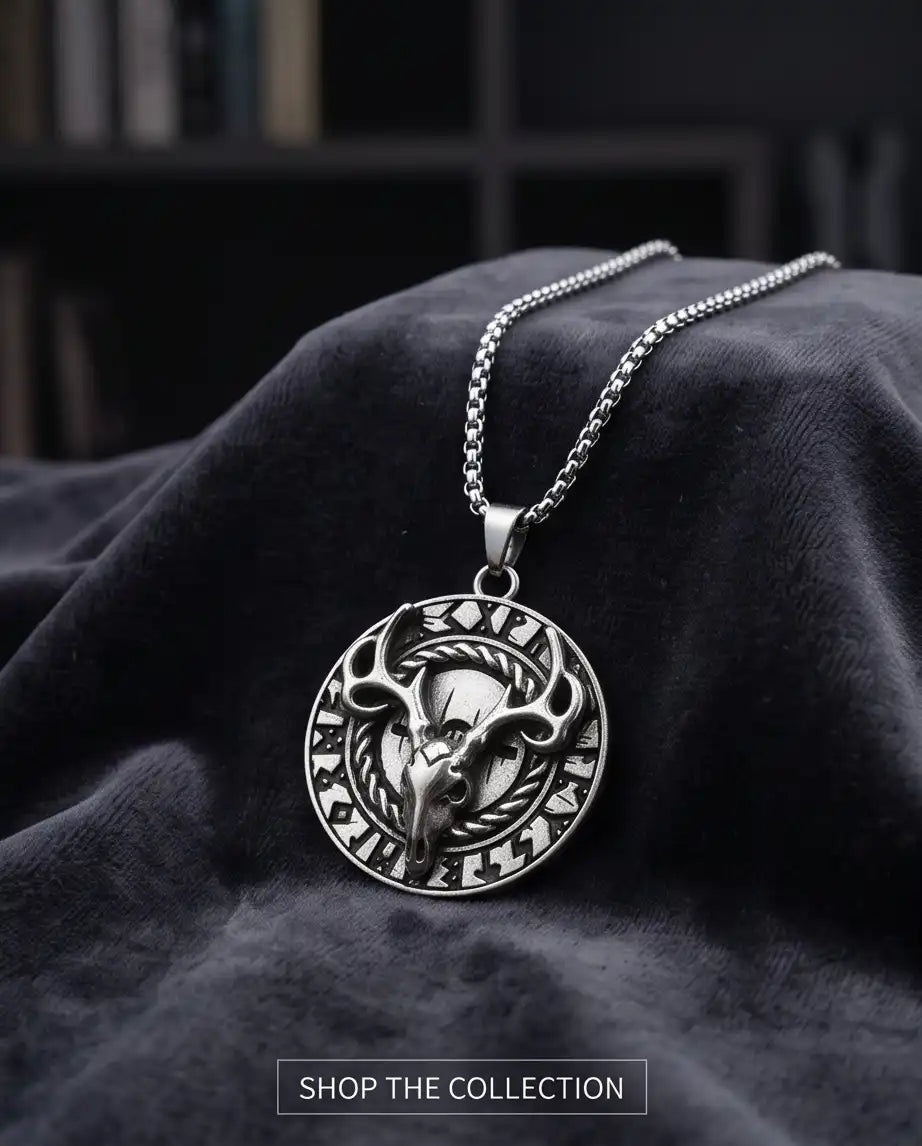 Antiqued Norse Rune Deer Skull Pendant Box Chain