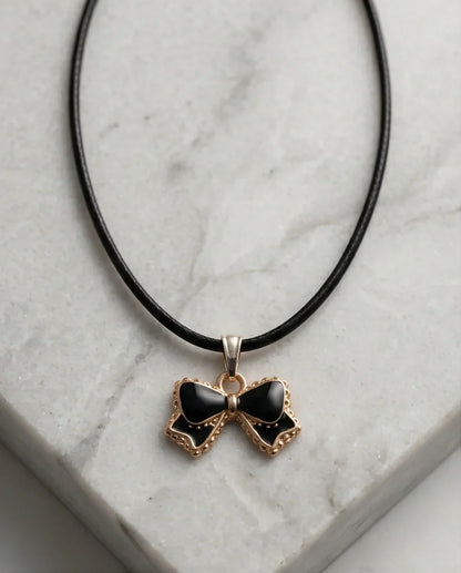 Gold and Black Ribbon Bow Necklace