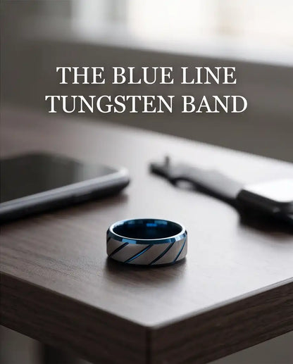 Two-Tone Brushed Silver and Blue Diagonal Groove Band Ring