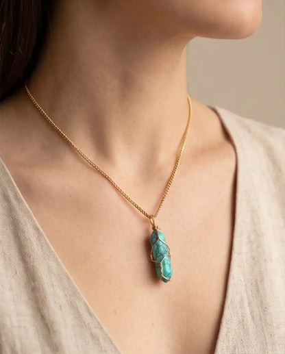 Wire-Wrapped Turquoise Howlite Crystal Point Pendant Box Chain