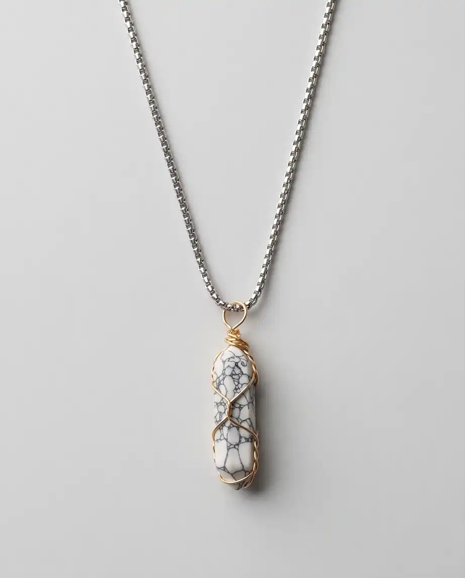 Wire-Wrapped White Howlite Crystal Point Pendant Box Chain