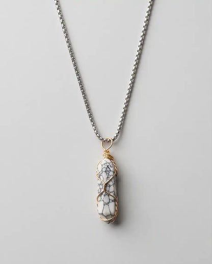 Wire-Wrapped White Howlite Crystal Point Pendant Box Chain
