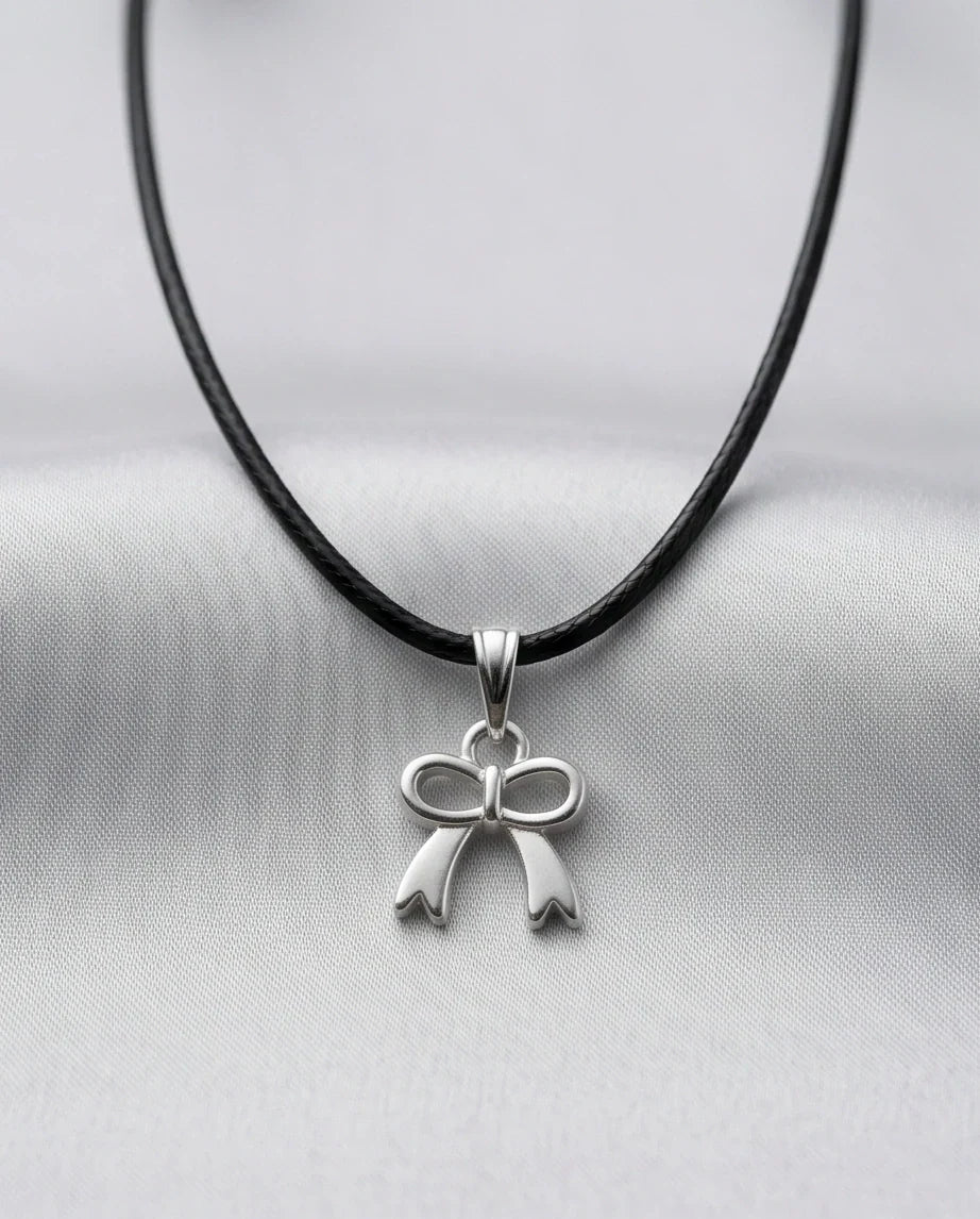 Silver Polished Ribbon Bow Necklace