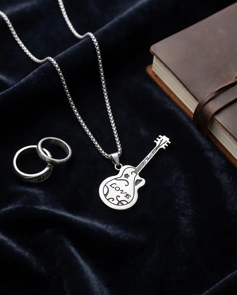 Engraved "Love" Acoustic Guitar Pendant Silver Box Chain Necklace