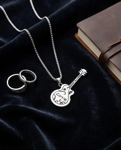 Engraved "Love" Acoustic Guitar Pendant Silver Box Chain Necklace