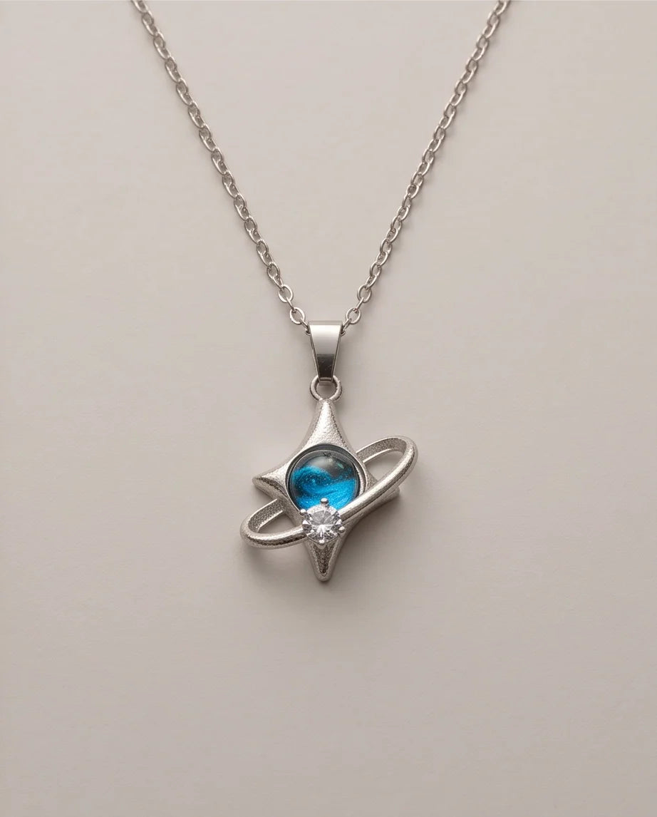 Silver Cosmic Four-Point Star Planet Ring Pendant Necklace