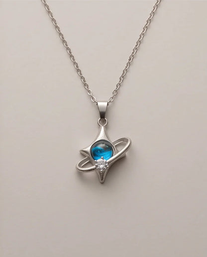 Silver Cosmic Four-Point Star Planet Ring Pendant Necklace