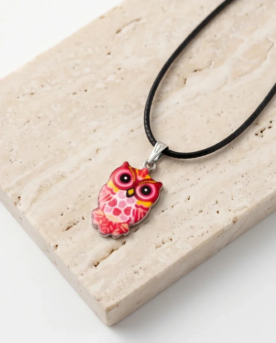 Vibrant Pink and Yellow Owl Totem Pendant Necklace