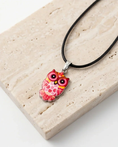 Vibrant Pink and Yellow Owl Totem Pendant Necklace