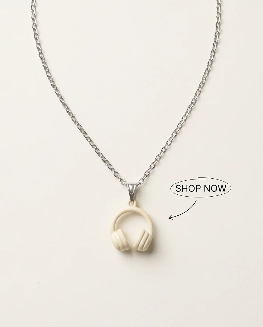 Cream White Headphones Enamel Pendant Necklace