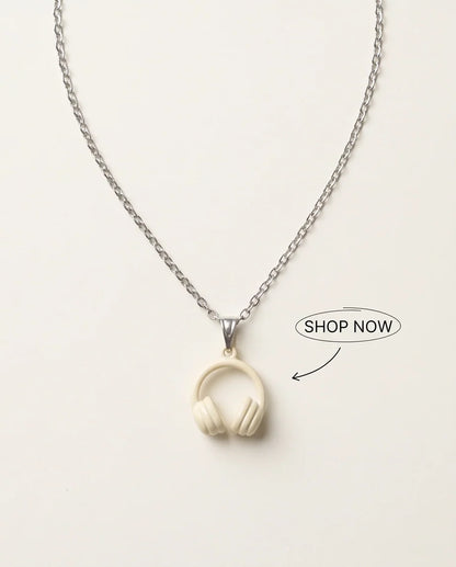 Cream White Headphones Enamel Pendant Necklace