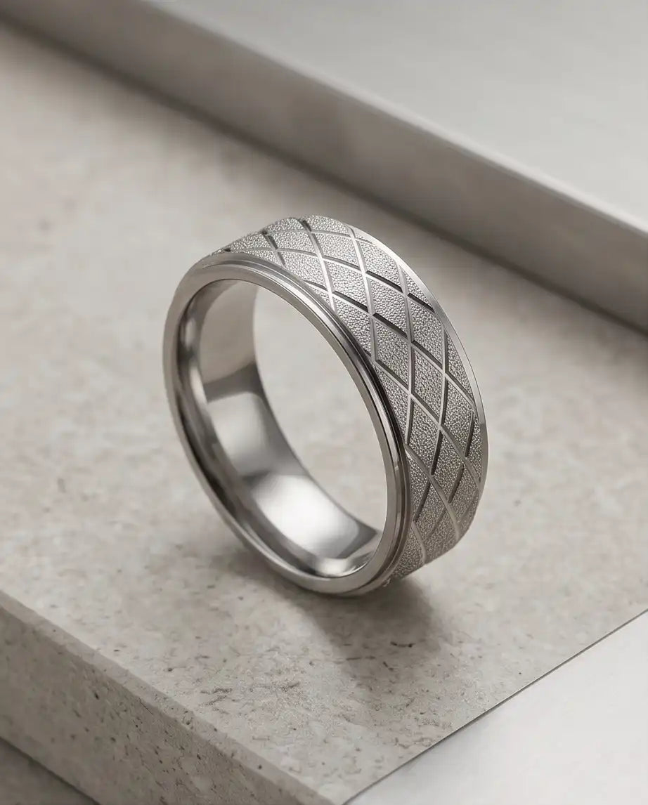 Silver Diamond Texture Grid Band Ring