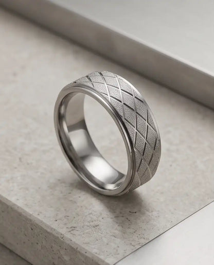 Silver Diamond Texture Grid Band Ring
