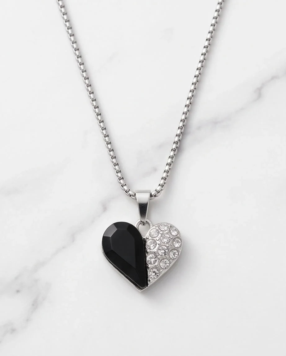Silver Onyx Heart Pavé Pendant Necklace