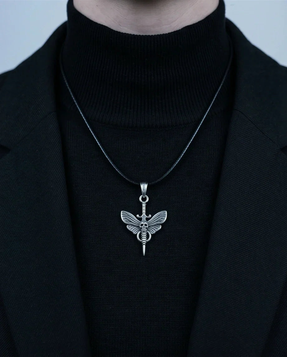 The Shadow Wing: Gothic Skull Moth Dagger Pendant Necklace