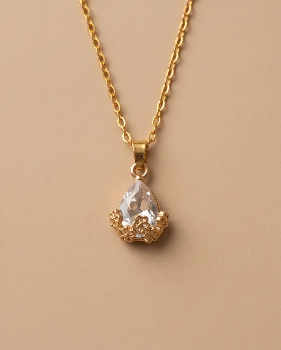 Gold Clear Teardrop Floral Basket Pendant Necklace