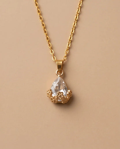 Gold Clear Teardrop Floral Basket Pendant Necklace