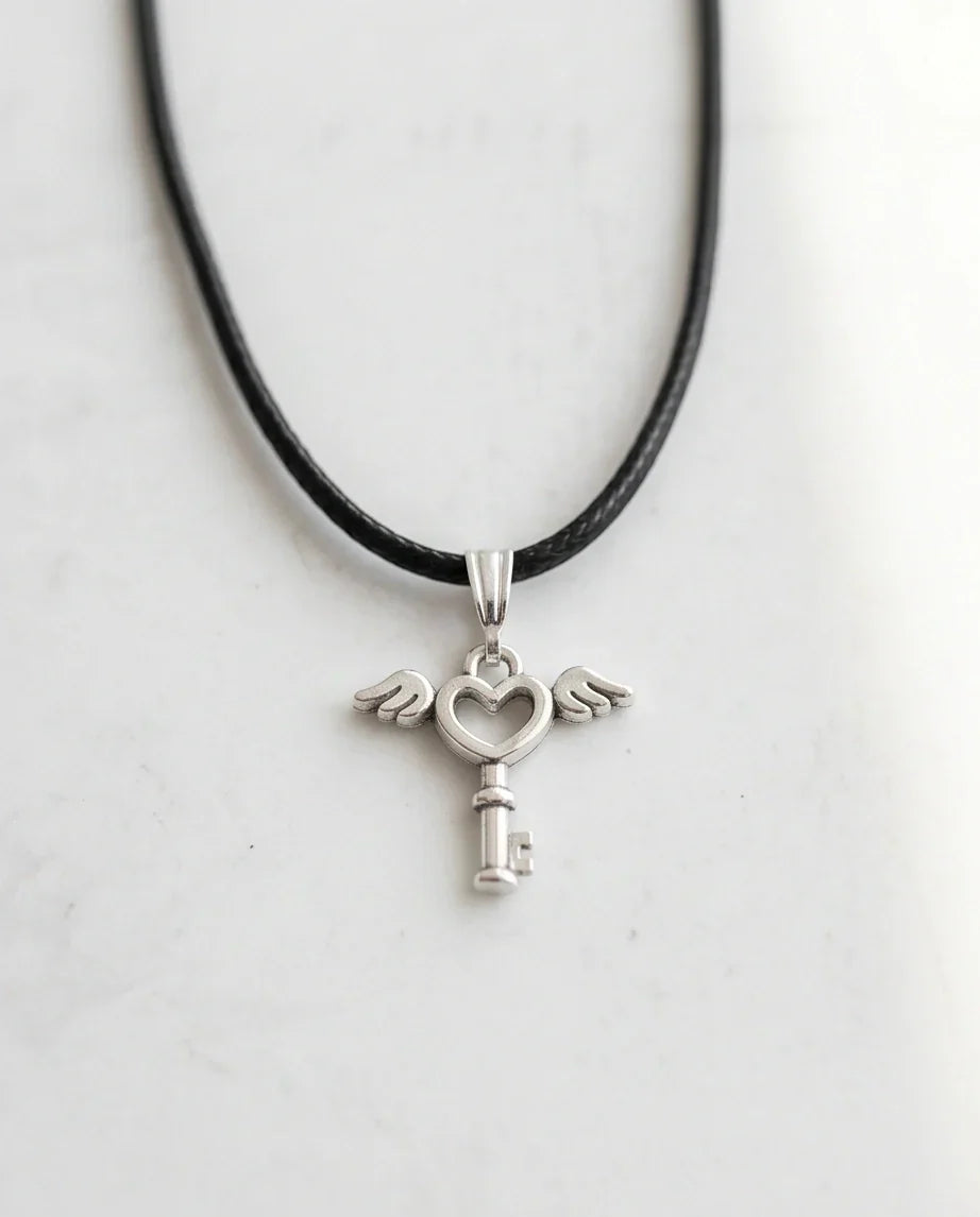 Silver Angel Wing Heart Key Necklace