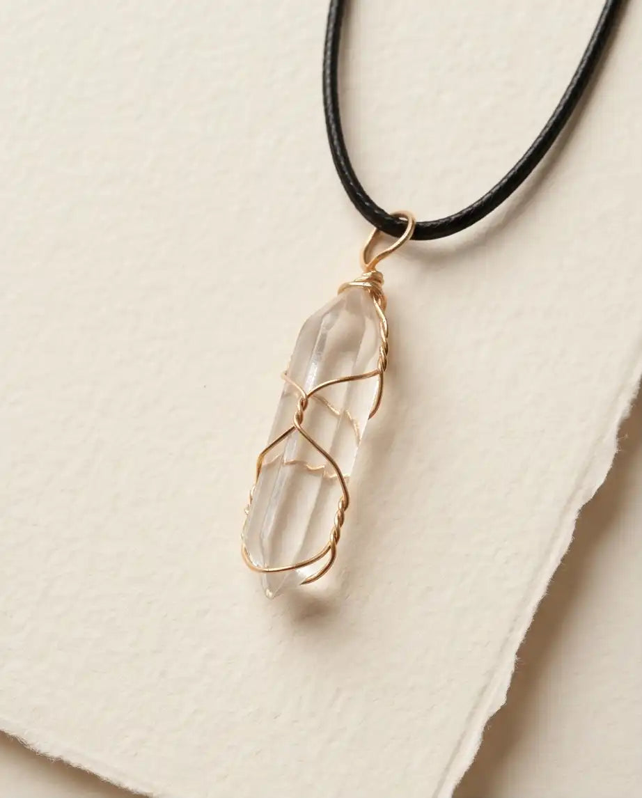 Wire-Wrapped Clear Quartz Crystal Point Pendant Box Chain