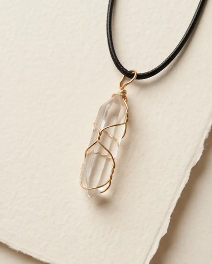 Wire-Wrapped Clear Quartz Crystal Point Pendant Box Chain