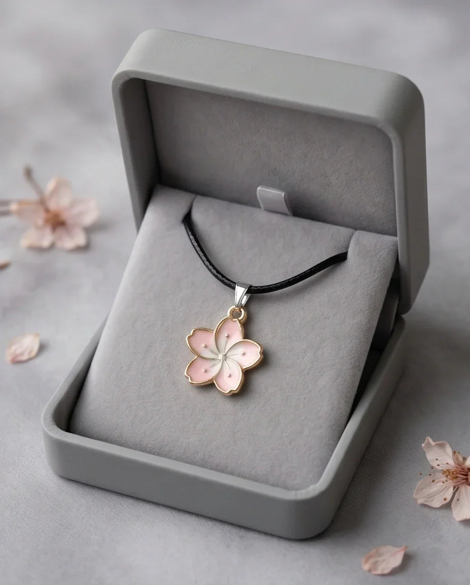Blushing Cherry Blossom Enamel Pendant Necklace