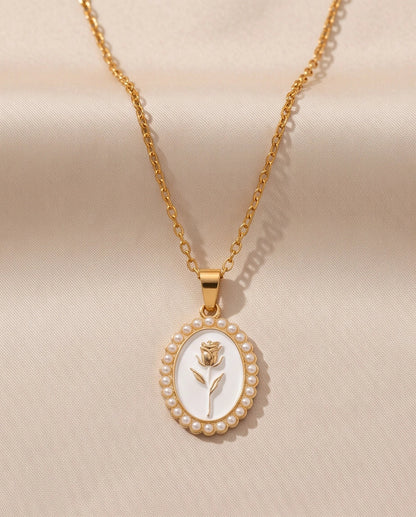 Gold Pearl Frame White Enamel Rose Oval Pendant Necklace
