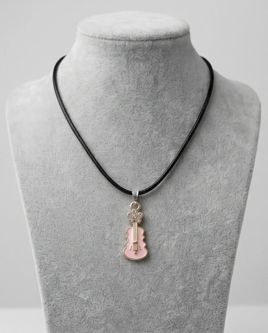 Gold and Pink Enamel Violin Necklace