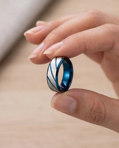 Two-Tone Brushed Silver and Blue Diagonal Groove Band Ring