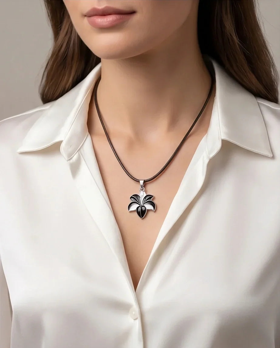 Bold Black and White Lily Enamel Pendant Necklace