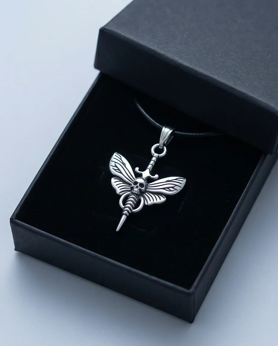 The Shadow Wing: Gothic Skull Moth Dagger Pendant Necklace