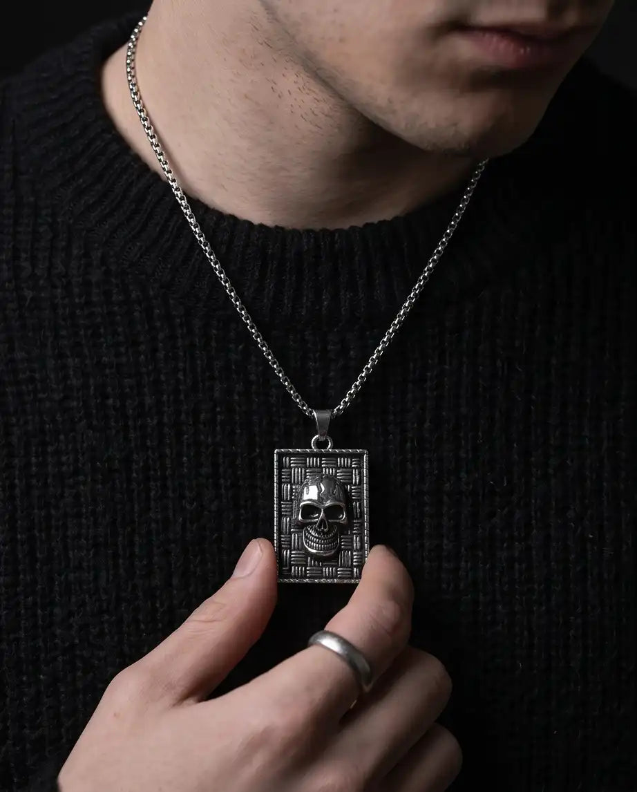 Gothic Skull Basketweave Tag Silver Box Chain Necklace