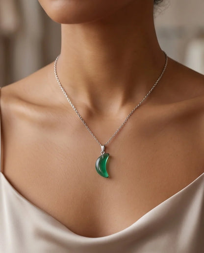 Silver Emerald Green Crescent Moon Pendant Necklace