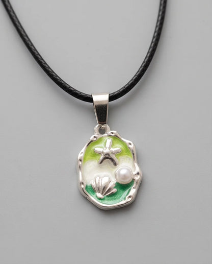 Silver Green Seashell Starfish Pearl Enamel Medallion Chain Necklace