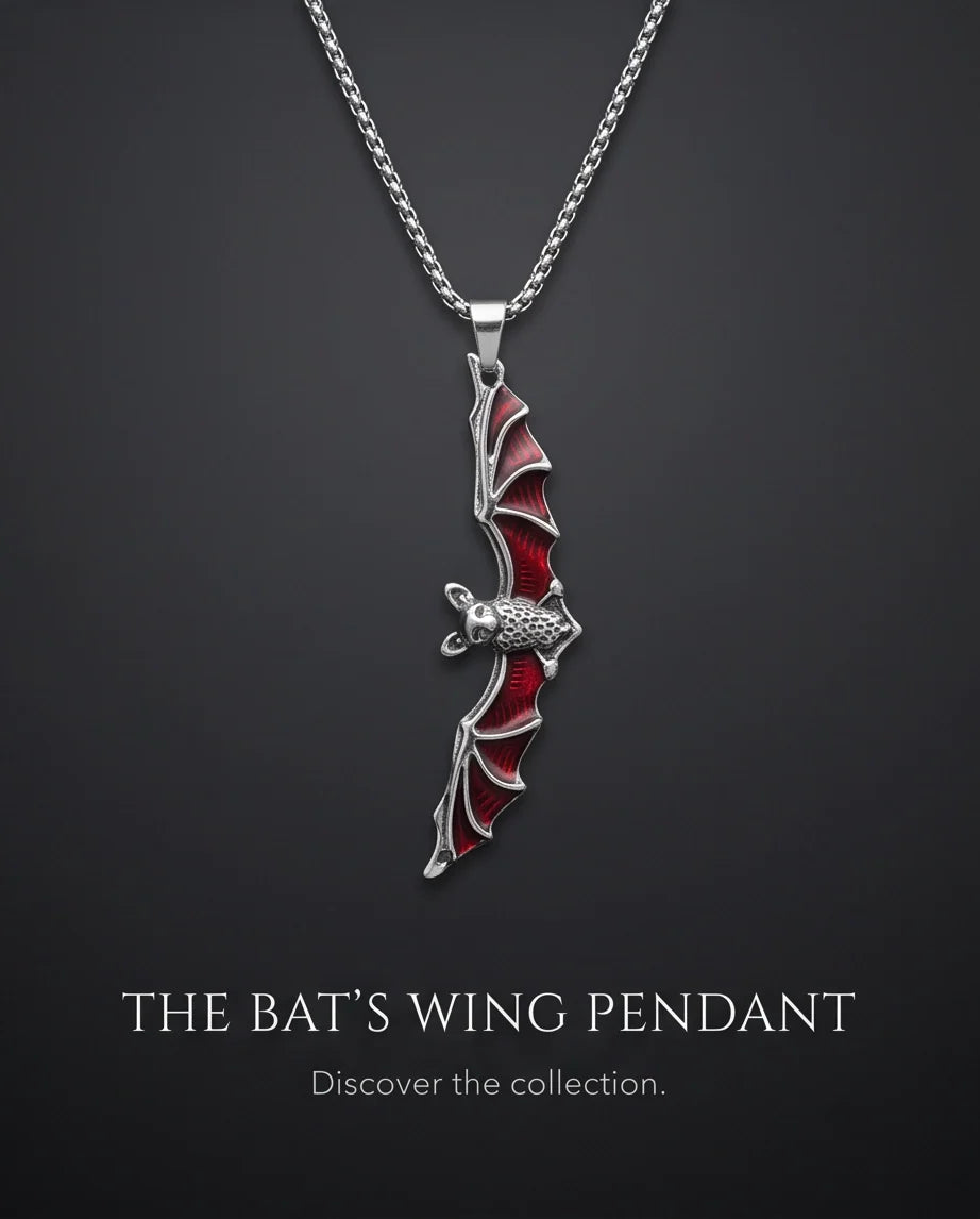 Silver Red Enamel Vampire Bat Pendant Necklace