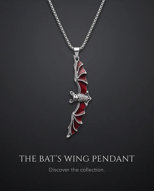 Silver Red Enamel Vampire Bat Pendant Necklace